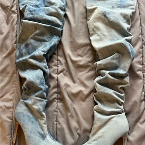 Blue denim thigh high boots